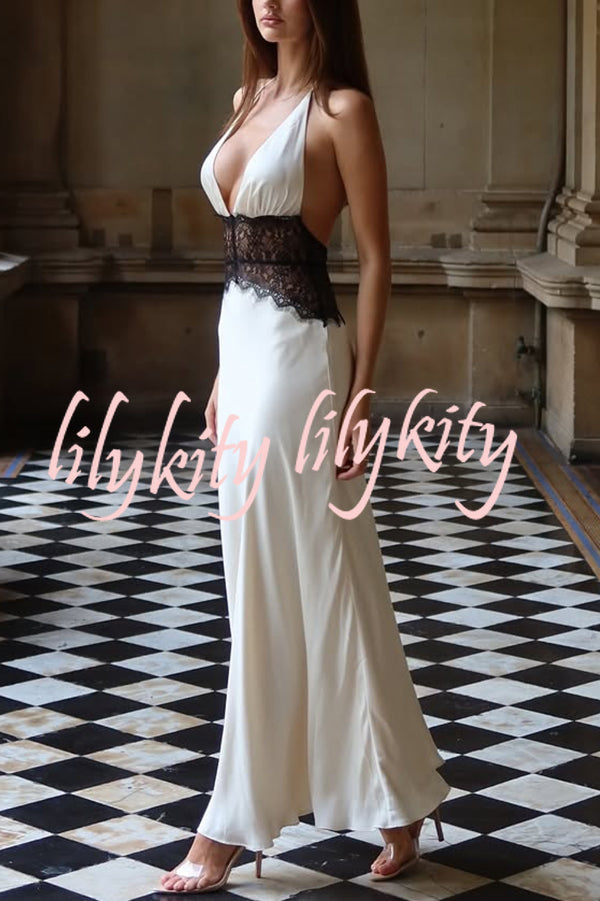Seductive Details Satin Lace Waist Halter Tie-up Backless Maxi Dress