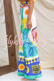 Maison Linen Blend Unique Print High Neck Top and Elastic Tie-up Waist Pocket Wide Leg Pants Set