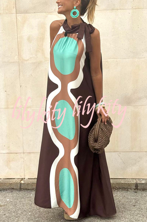 Unique Print Sleeveless Halter Neck Loose Holiday Maxi Dress