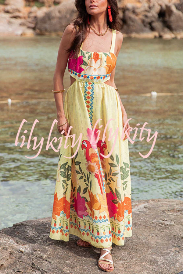 Resort Style Unique Print Sexy Square Neck Backless Waist Maxi Dress