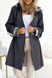 Fashionable Hooded Long-sleeved Zipper Plaid Casual Mid-length Jacket