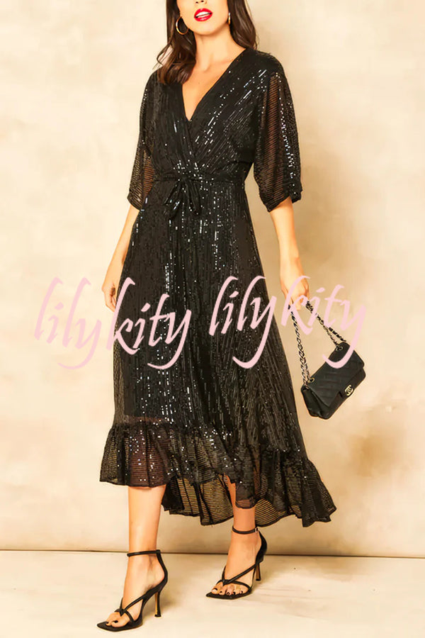 Solid Color Sequined V-neck Waist Tie Loose Maxi Dress