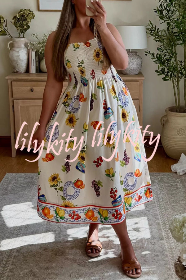 Summer Fruit Print Sling Pleated Vacation Midi Dress