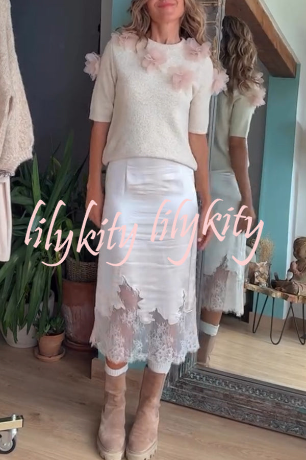 Lola Satin Lace Trim High Rise Side Zipper Loose Midi Skirt