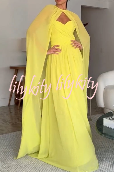 Romantic Party Chiffon Off Shoulder Sweetheart Neck Ruched Cape Maxi Dress
