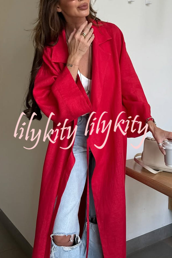 Linen Blend Solid Color Casual Lapel Tie Loose Maxi Dress