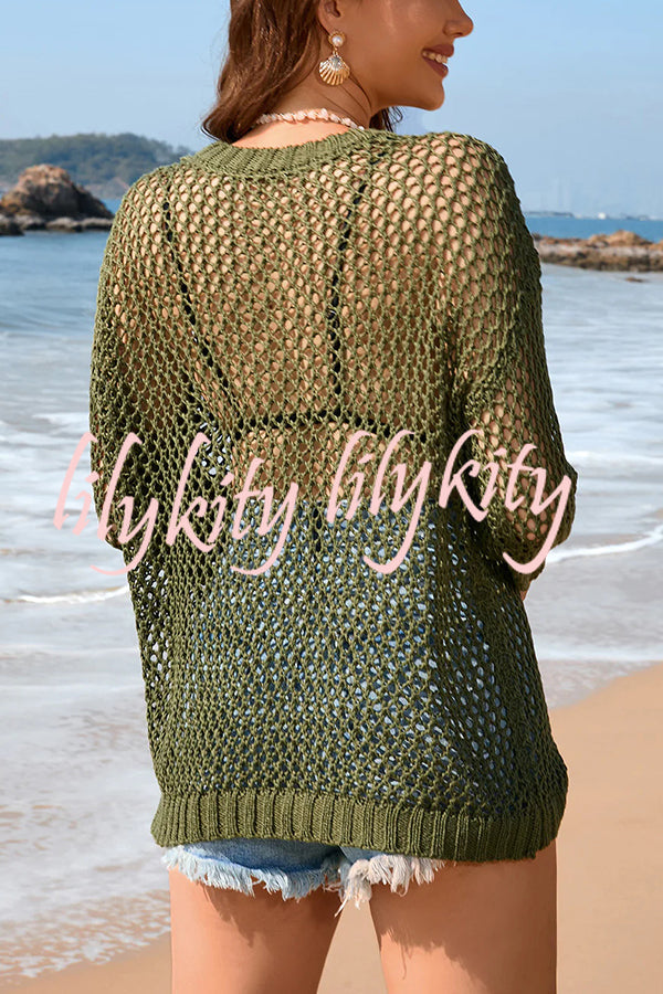 Solid Color Round Neck Long Sleeve Heart Knitted Beach Cover Up