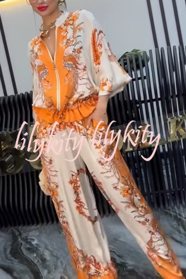 Unique Printed Casual Long-sleeved Loose Top and Elastic Waist Pocket Wide-leg Pants Set