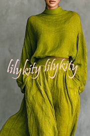 Linen Blend Solid Color Loose Long-sleeved Top and High-waisted Casual Pocket Maxi Skirt Set