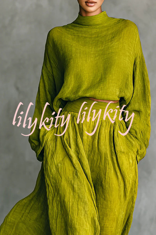 Linen Blend Solid Color Loose Long-sleeved Top and High-waisted Casual Pocket Maxi Skirt Set