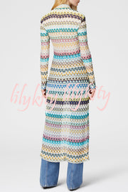 Anna Knit Colorful Herringbone Print Shirt Neck Button Long Sleeve Slim-fit Long Cardigan