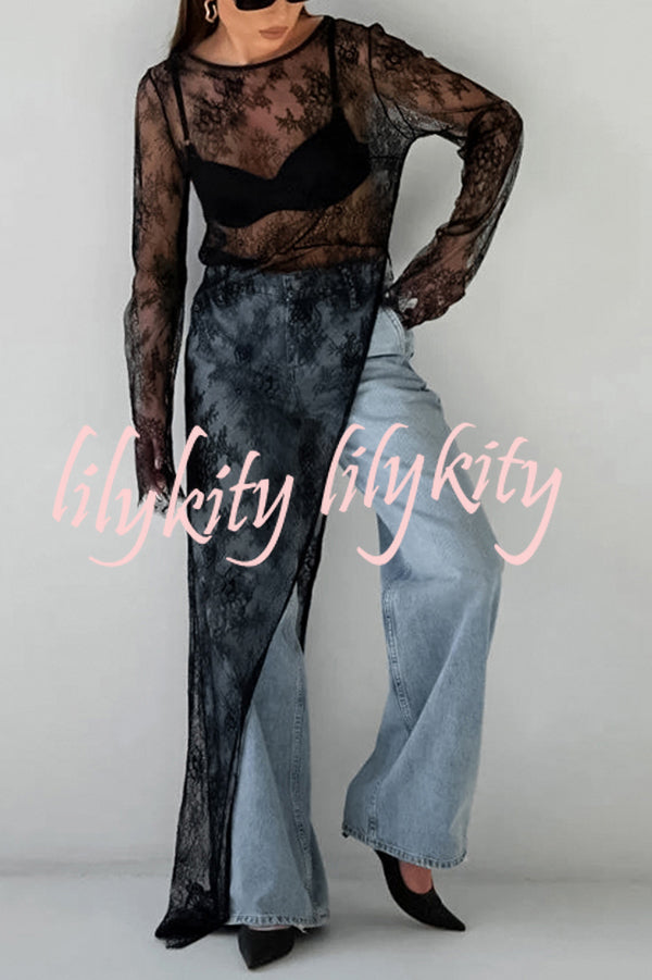 Sexy Openwork Lace Long-sleeved Asymmetrical Casual Top