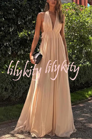 Ethereal Moment Tulle Cutout Ruched Waist Backless Halter Maxi Dress