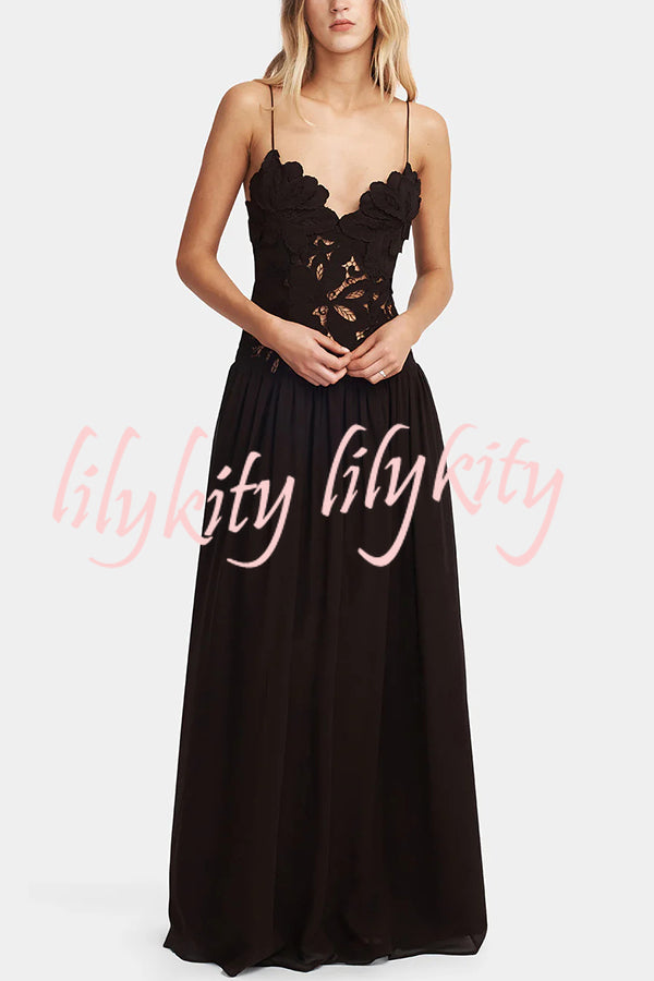 Stephanie Flower Crochet Lace Bust Chiffon Fluffy Hem Maxi Dress