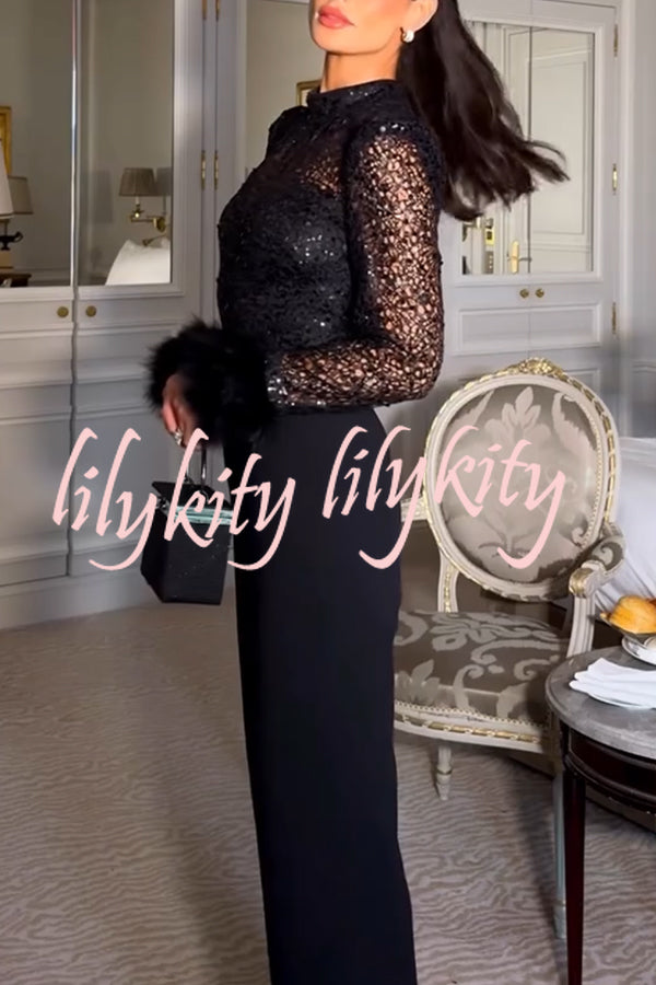 Aerie Sequin Embellished Mock Neck Long Sleeve Feather Cuff Flare Jumpsuit