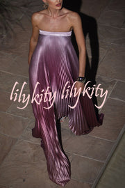 Gorgeous Styling Satin Pleated Elastic Bust Strapless A-line Gown Maxi Dress