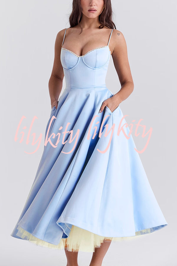 Fairytale Vibe Satin Patchwork Tulle Sweetheart Neck Pocket Stretch Midi Dress