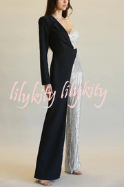 Fashionable Sequined Patchwork One-sided Long-sleeved Asymmetrical Jumpsuit