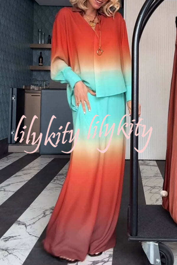 Neon Sunset Gradient Print Long Sleeve High Low Hem Blouse and Elastic Waist Loose Pants Set