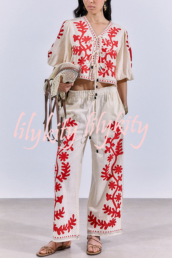 Till Sunset Linen Blend Unique Print Elastic Waist Pocket Wide Leg Pants