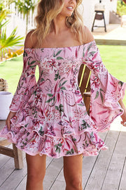 Floral Print Off The Shoulder Pleated Bell Sleeve Fitted Mini Dress