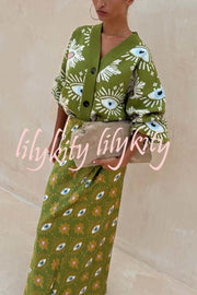 Mysterious Magic Satin Eye Heart Pattern Elastic Waist Drape Maxi Skirt