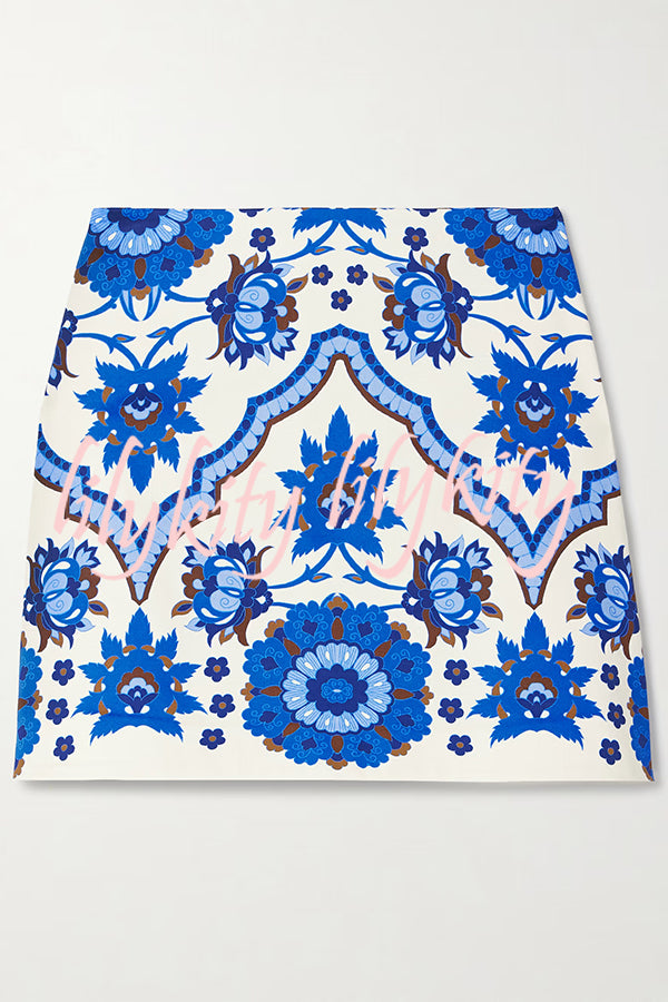 Unique Printed Round Neck Sleeveless Top and Casual Mini Skirt Set