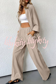 Solid Color Loose Casual Shirt and Elastic Waist Pocket Wide Leg Pants Set