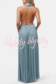 Pure Lightness Chiffon Pleated Halter Backless Top and Elastic Waist A-line Maxi Skirt Set
