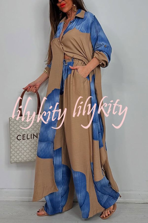 Unique Printed Casual Loose Long Shirt and Elastic Waist Pocket Wide Leg Pants Set