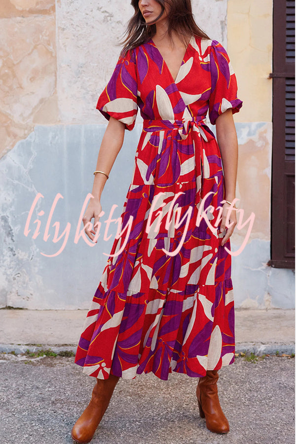 Unique Printed Waist Lace Up Slit Maxi Dress