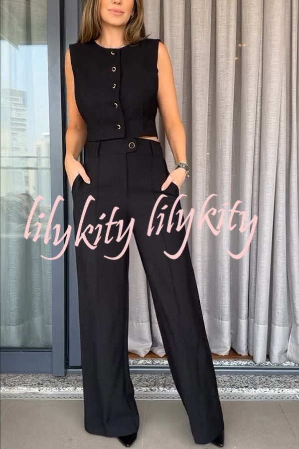 Office Lady Button Up Waisted Vest and High Rise Pocketed Loose Pants Set