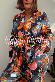 Evening Routine Unique Print Color-block Trim Loose Shirt and Elastic Waist Pocketed Pajama Set