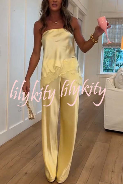 Odessa Satin Floral Lace Hem Strapless Tank and Mid Rise Wide Leg Pants Set