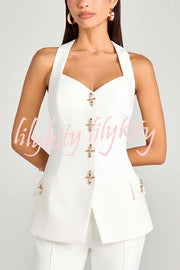 Women Power Metal Cross Snap Button Sweetheart Neck Wide Strap Vest