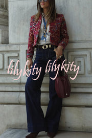 Vintage Bohemian Printed Chinese Style Buttons Long Sleeve Crop Jacket