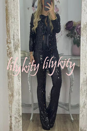 Holiday Cheer Sequin Tie-front Satin Bow Long Sleeve Jacket