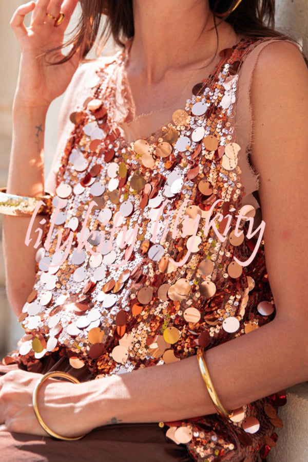 Fashionable Sequined Round Neck Sleeveless Loose Vest
