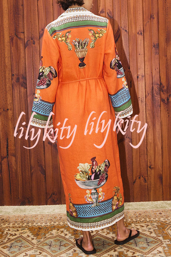 Linen Blend Unique Print Tie-waist Casual Maxi Dress