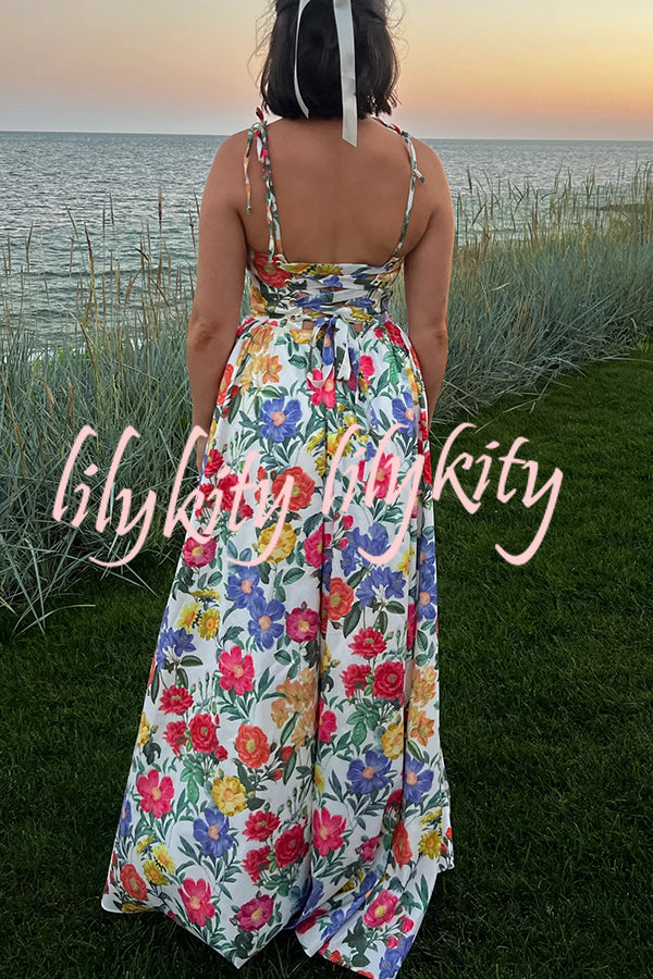 Garden Wedding Floral Print Back Tie-up Pocketed Slit Maxi Dress