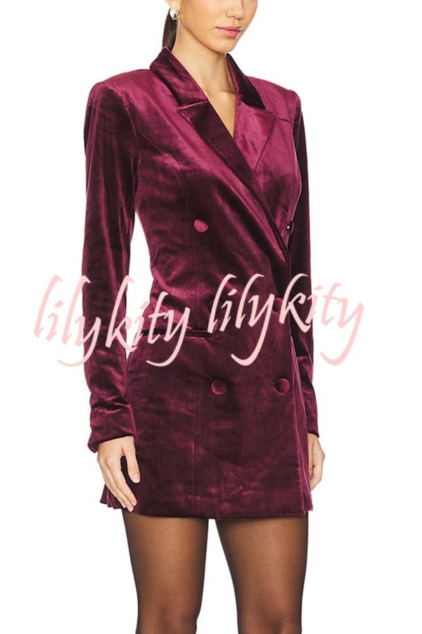 Holiday Soiree Solid Color Velvet Lapel Long Sleeve Blazer Mini Dress