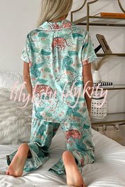 Sleeping Tiger Satin Elastic Waist Pocketed Pajama Pants Set