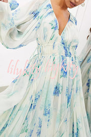 Headed To The Ocean Chiffon Floral Drawstring Waist Maxi Dresses