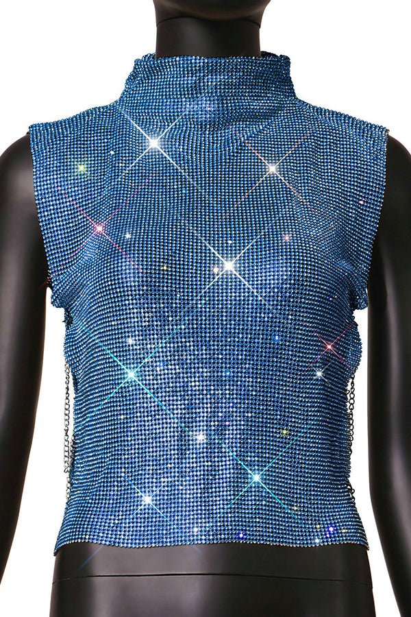 Sexy High-neck Rhinestone Metallic Top