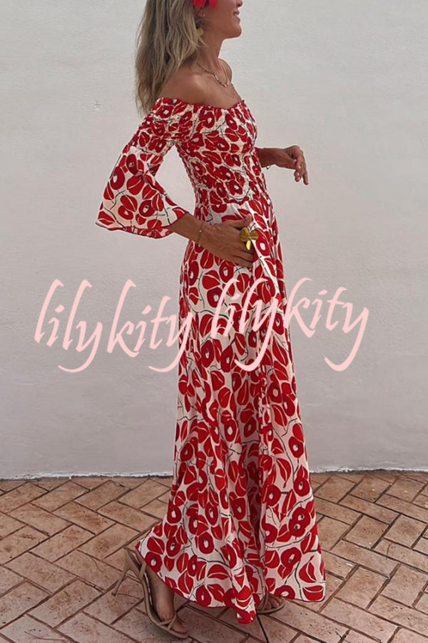 Close To The Vacation Floral Print Smocked Off Shoulder Pocketed Maxi Dress