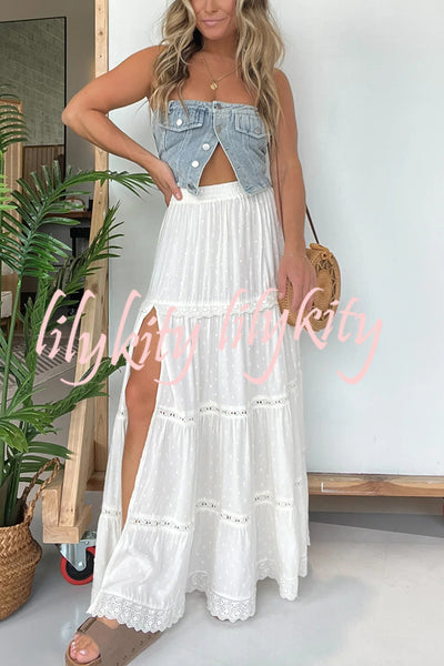 Fashion Lace Splicing Elastic Waist Loose High Slit Maxi Skirt