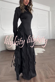 Cline Solid Color High Neck Long Sleeve Elegant Ruffles Maxi Dress