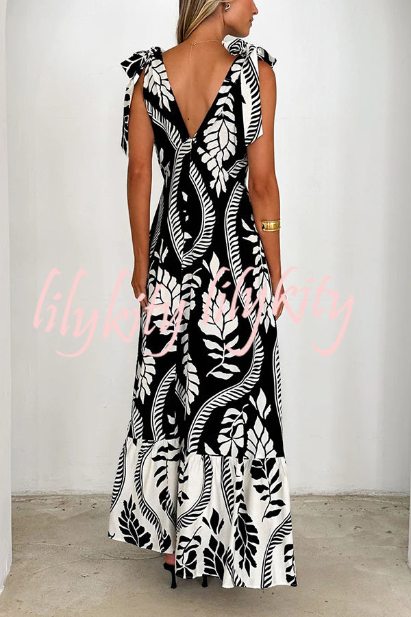 Unique Printed V-neck Sleeveless Lace-up Waist Maxi Dress