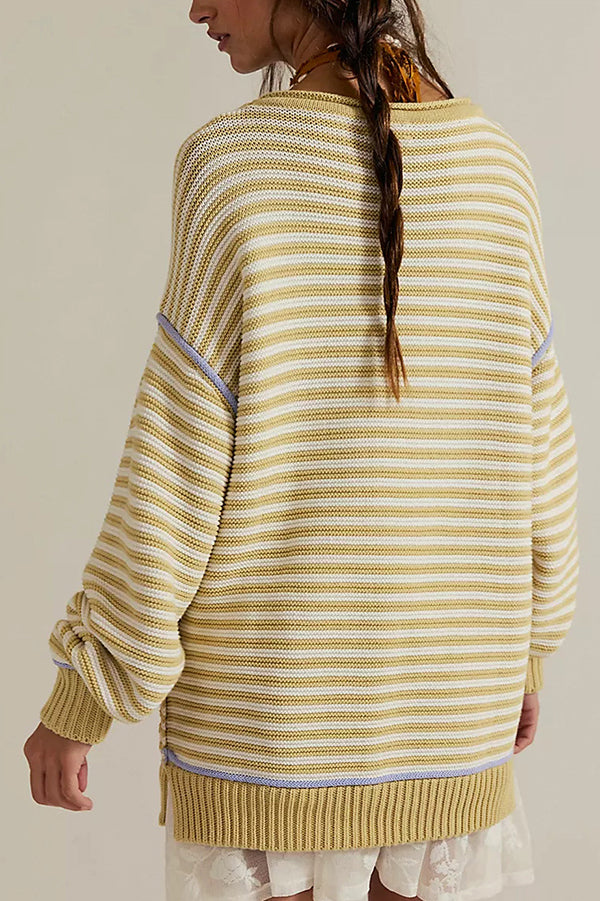 Striped Knit Loose-fitting Crew Neck Long-sleeved Casual Sweater