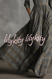 Plaid Print Long Sleeve Slim Fit Casual Pocket Maxi Dress